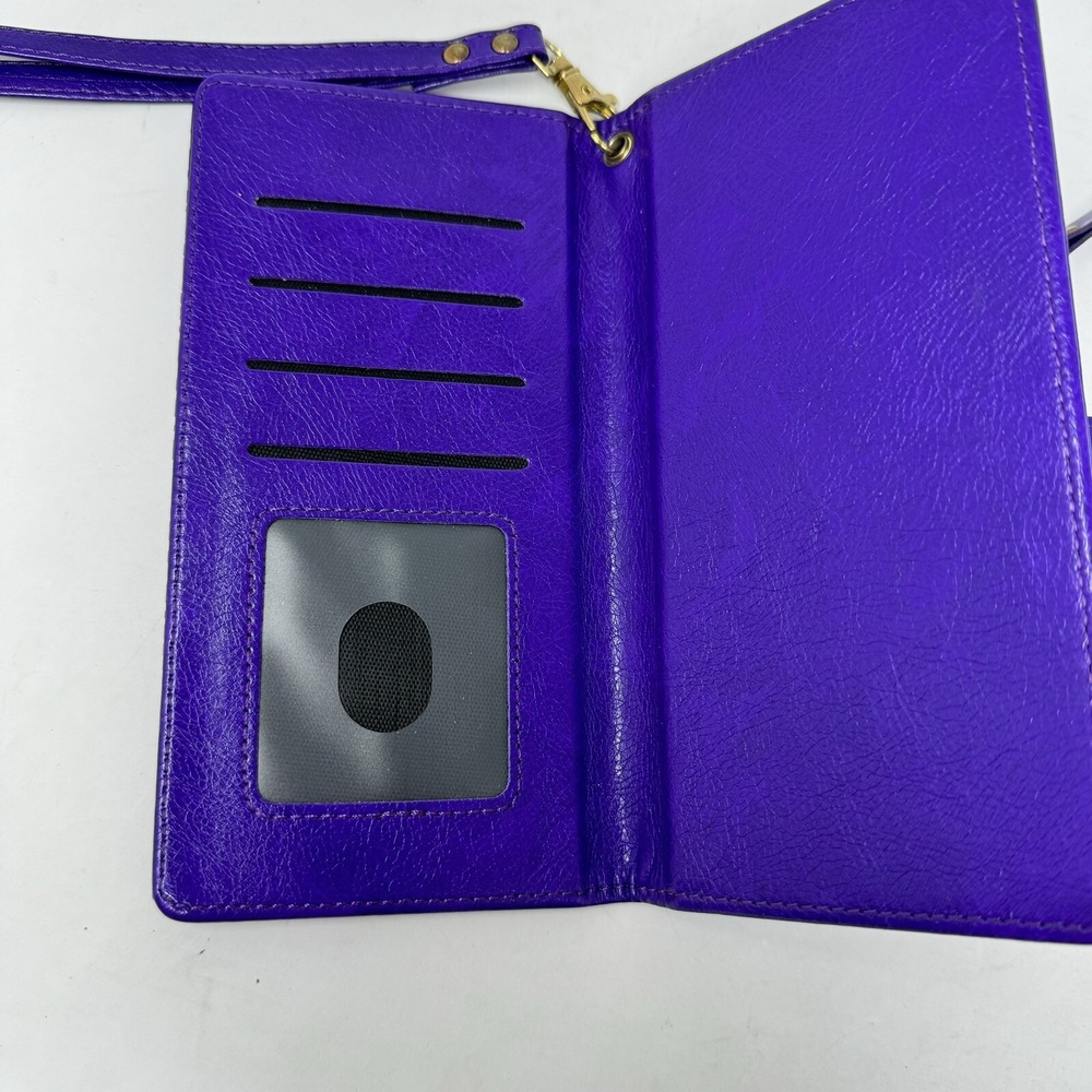 Glossy Synthetic Leather Wallet Wristlet Purple Embossing Sunflower Magnetic Zip - Picture 3 of 5